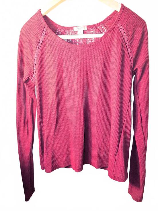 Lucky Brand Tops - Lucky Brand Long Sleeve Waffle Knit Top Lace Womens Size Small Burgundy Red Fall